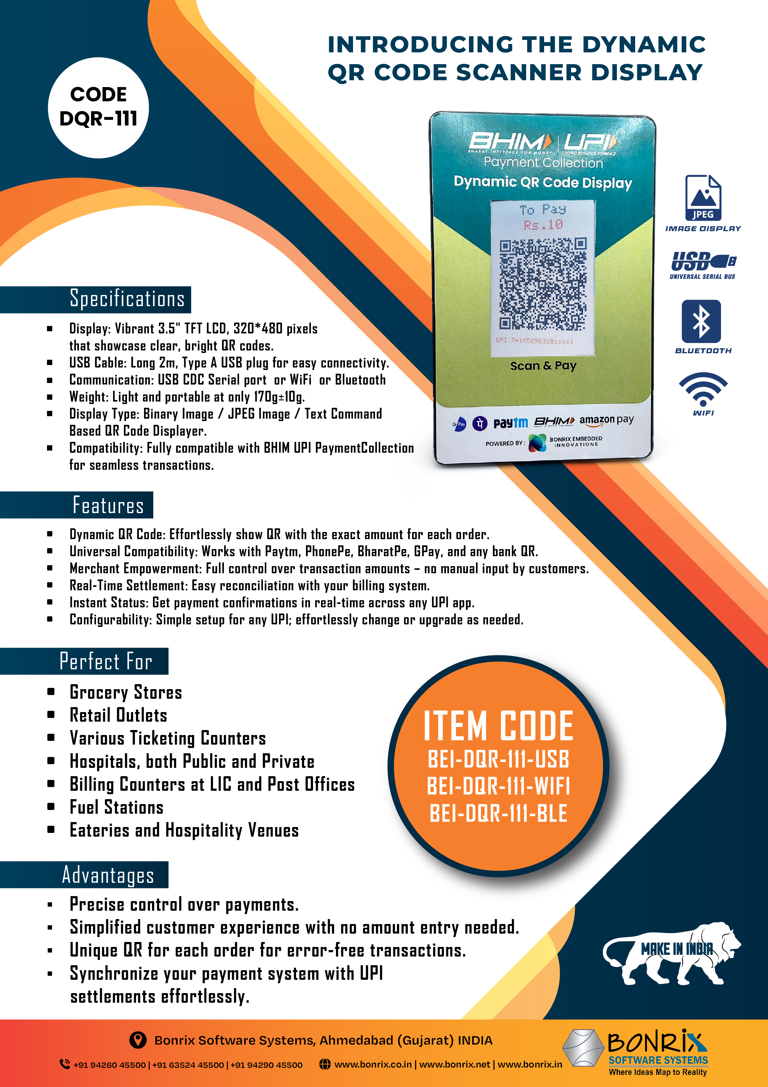 Dynamic QR Code Scanner Display DQR-111 with high-speed scanning, multi-currency support, and integration with digital wallets and payment options